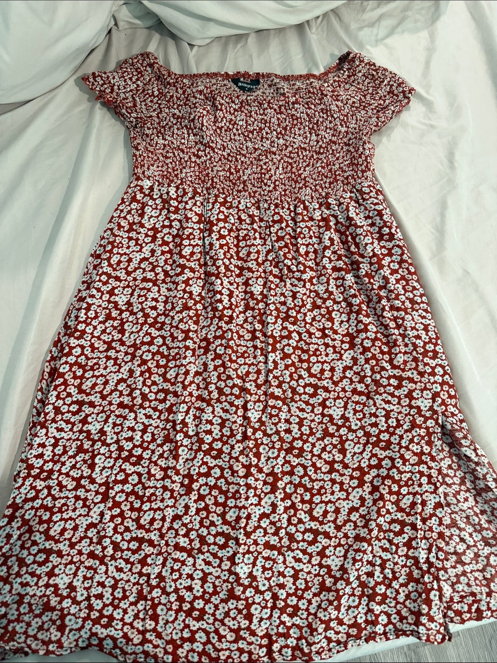 Allegra K Red Floral Smocked Bodice Casual Dress